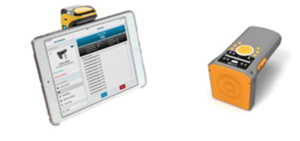 Four images in a row showing three different types of Radio-Frequency Identification (RFID) readers; the fourth image is of a mobile device with the screen showing how the data from the readers is displayed once the asset is scanned